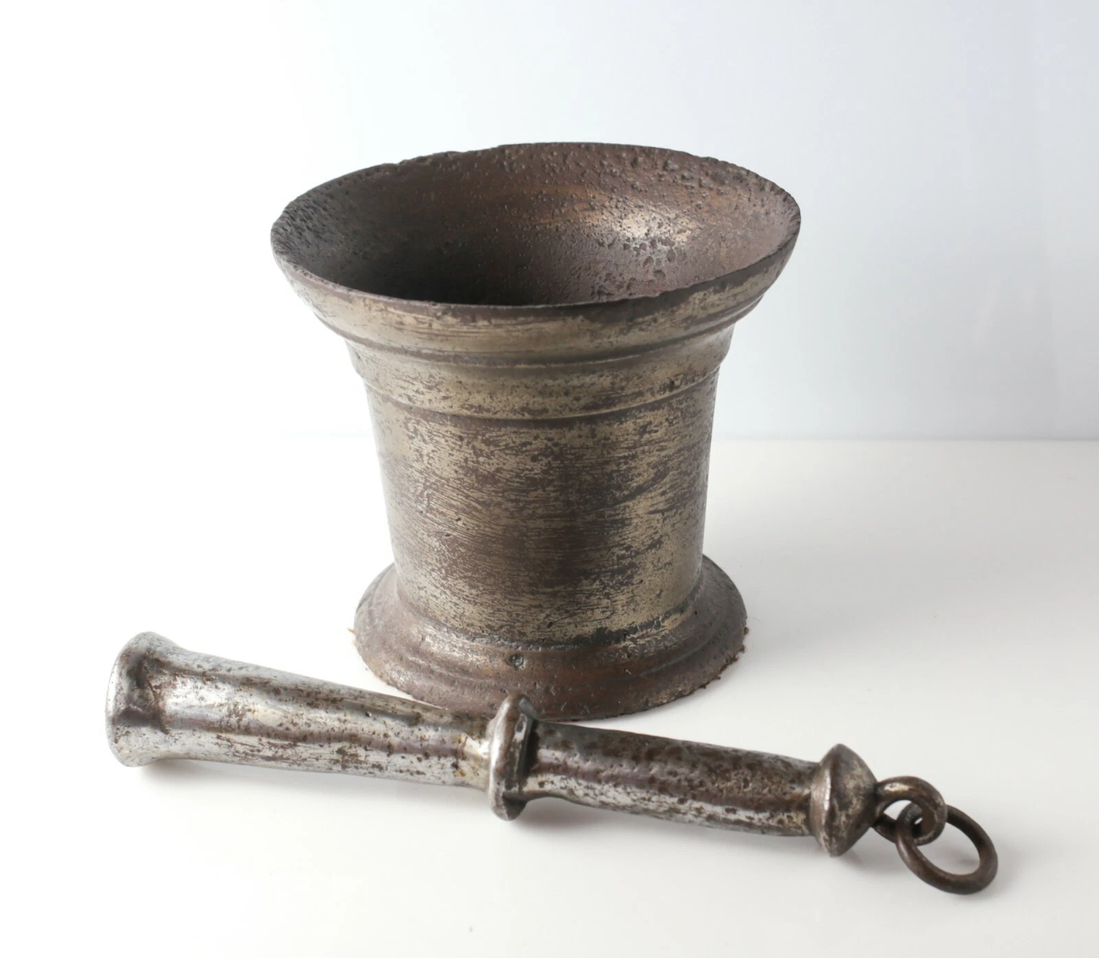 Large Antique Continental Cast Iron Mortar and Pestle