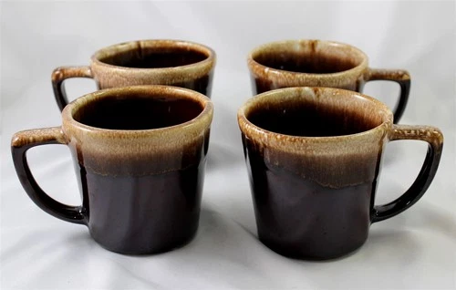 Vintage McCoy Brown Drip Glaze Pottery Set of Four Mugs w/Pointed Handles 3 3/8"