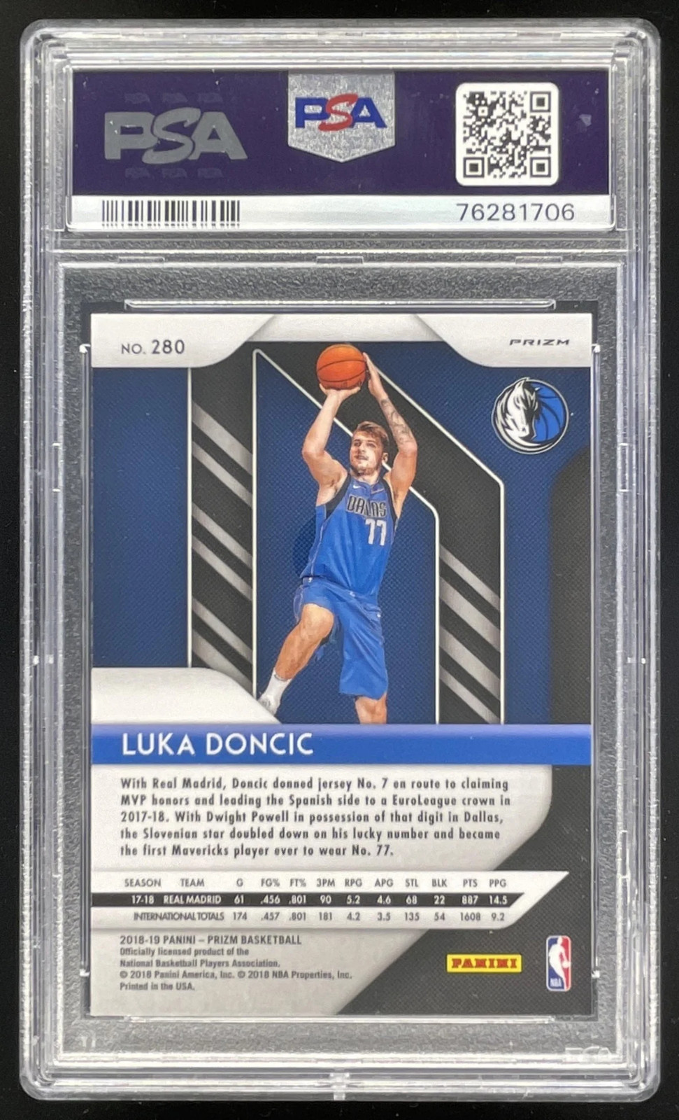 2018-19 Panini Prizm Prizms Red White and Blue #280 Luka Doncic RC PSA 10 view 2