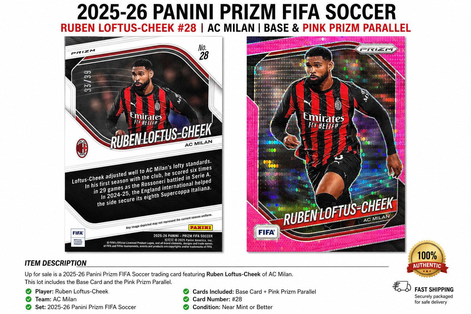 2025-26 Panini Prizm FIFA Ruben Loftus-Cheek #28 Pink Prizm AC Milan #20/25
