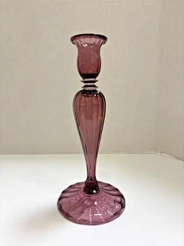 Vintage Carder Steuben Amethyst Ribbed Glass Candlestick Holder, Signed