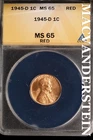 1945-D Lincoln Wheat Cent - ANACS MS 65 Red - Scarce  No Reserve  #SLK682