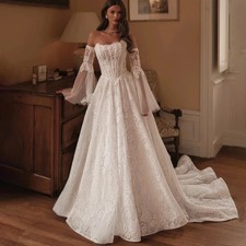 Lace Wedding Dress Detachable Sleeves A-line Bride Dresses Long Train Strapless