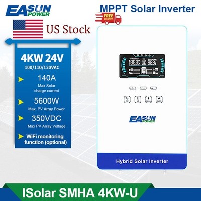 4000W Hybrid Solar Inverter 24V AC 120V/240V MPPT 140A Parallel BMS US-Stock
