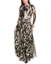 Oscar De La Renta Tie-Neck Cow Print Silk Maxi Dress Women's Beige 00