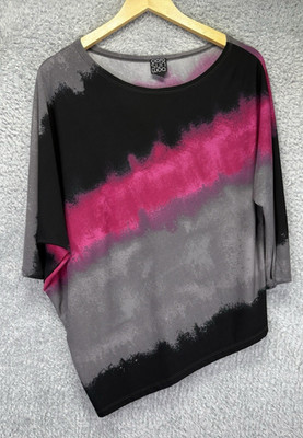 Clara Sun Woo L Liquid Knit Top Pink Black Boho Dolman Sleeve Asymmetrical Artsy