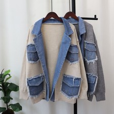 Women's Denim Patchwork Knit Cardigan Jacket Frayed Pocket Oversized Black Gray