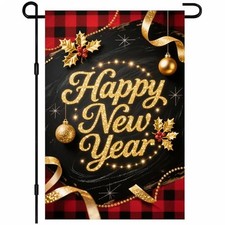 New Year Garden Flag 12x18 Inch Double Sided Happy New Year Gold Star Plaid