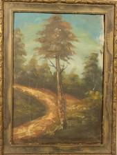 Vintage Landscape Oil Painting on Wood Panel Rustic Forest Path Scene, Framed