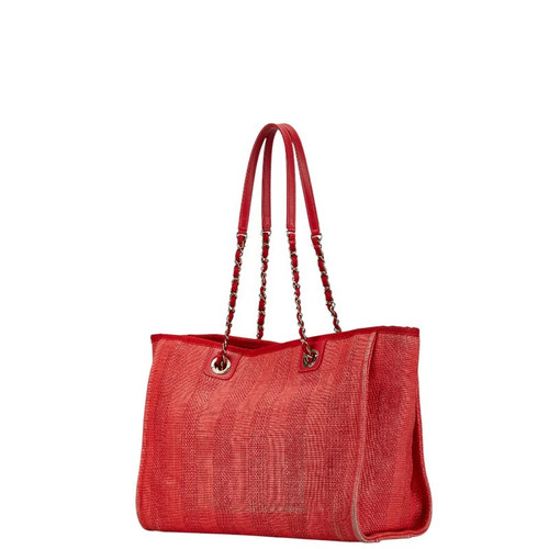 CHANEL Deauville Tote MM Coco Mark Chain Tote Bag Red Canvas Leather Ladies CHAN - Picture 2 of 8