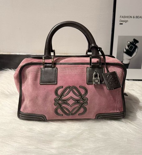 AUTH Loewe Amazona Pink Suede Leather Silver Hardware Handbag