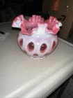 Vintage Fenton Cranberry Opalescent Coin Dot Vase Ruffled Edge