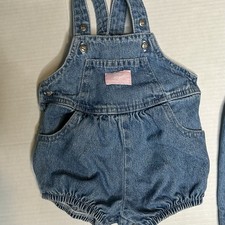 Oshkosh Baby Bgosh Bubble Romper Overalls Sz 3-6 M Blue Denim Made In USA VTG