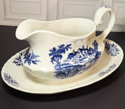 Blue Ridgeway Ironstone Staffordshire England Meadowsweet Gravy Boat