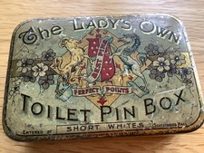 Antique Metal Tin Sewing Pins "The Lady’s Own Toilet Pin Box" Short Whites