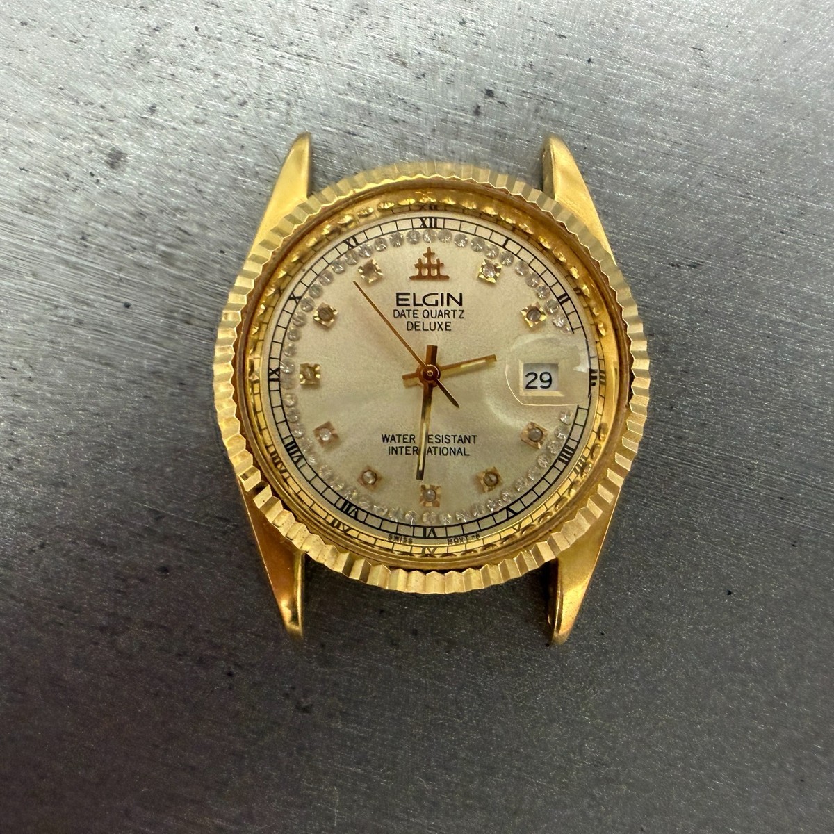 Elgin President Watch Men 35mm Gold Dial Gold Tone Date Round FK 