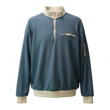 Men's Blue Waffle-Knit 1/2 Zip Mock Neck Pullover Sweater with Zipper Accent