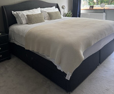 Grey Upholstered Fabric Double Storage Divan Bed Base, Headboard & 2 Drawers