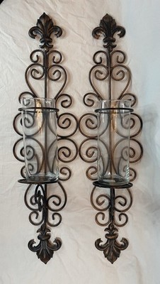 2 Bronze & Black Metal Fluer De Lis Scroll Wall Mount Candle Holders Decor