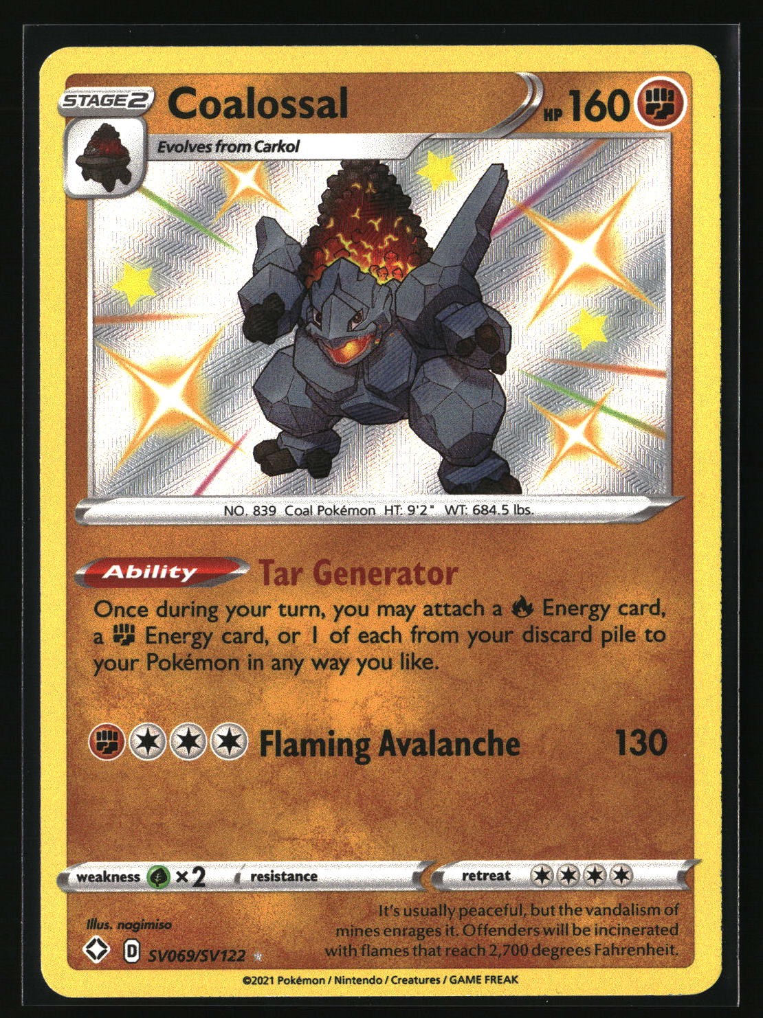 Coalossal Shiny Holo Rare Shining Fates: Shiny Vault SV069/SV122 NM