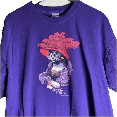 Vintage Y2K Cat Wearing Red Hat Tee Purple XL Tom Griffin Earth Sun Moon 2004