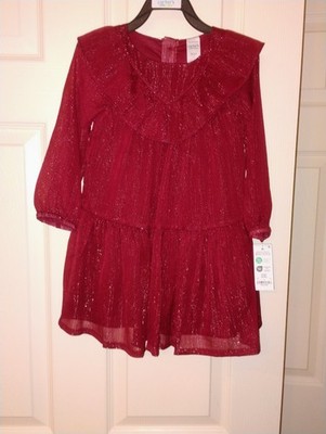 2T Carter s Party Dress Sparkly Dark Red Long Sleeved Fancy Ruffles Toddler Girl