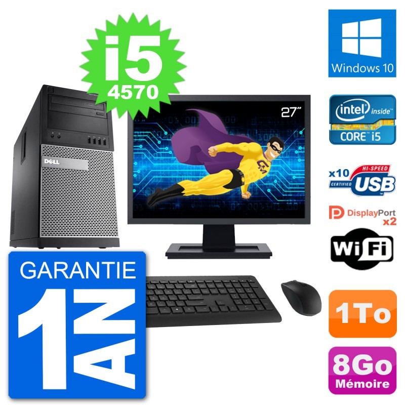 PC Tour Dell 9020 Ecran 27" Intel i5-4570 RAM 8Go Disque 1To Windows 10 Wifi