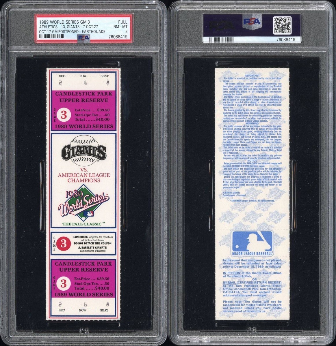 1989 WORLD SERIES GAME 3 EARTHQUAKE GAME FULL TICKET 10/17/89