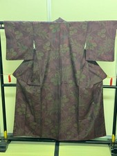 Japanese Vintage Kimono Pure Silk Purple Tsumugi Expensive Leave Height 61.81in
