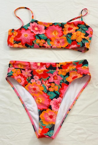 women's floral 2 piece swim suit size medium padded cups adj straps hi cut bottm - Picture 4 of 8