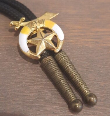 VTG Black Bolo Tie Masonic Star Shriners Crest, Star & Sword Gold Freemasons