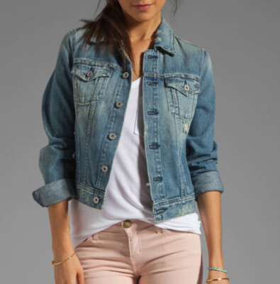 AG Adriano Goldschmied Women's The Robyn Med Wash Hand Painted Denim Jacket Sz L