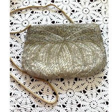 Vintage 1960s Beaded Silk Formal Wedding Party Fancy Handbag Purse w/Strap