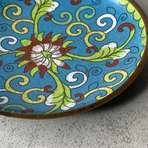 Old vintage Chinese 3.75" Round Cloisonne Blue Enamel Copper Dish Plate China - Picture 8 of 8
