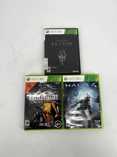 Lot Of 3 Xbox 360 Games - Halo 4 Battlefield 3 Limited Skyrim Elder Scrolls XB66