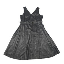 Eloquii Dress Plus Size 22 Black Faux Leather Fit Flare V Neck Belted Midi Party