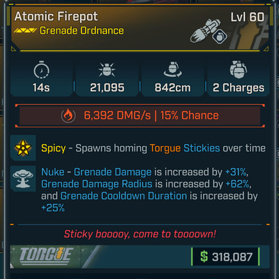 Borderlands 4  LEVEL 60 ATOMIC FIREPOT   GRENADE ORNANCE