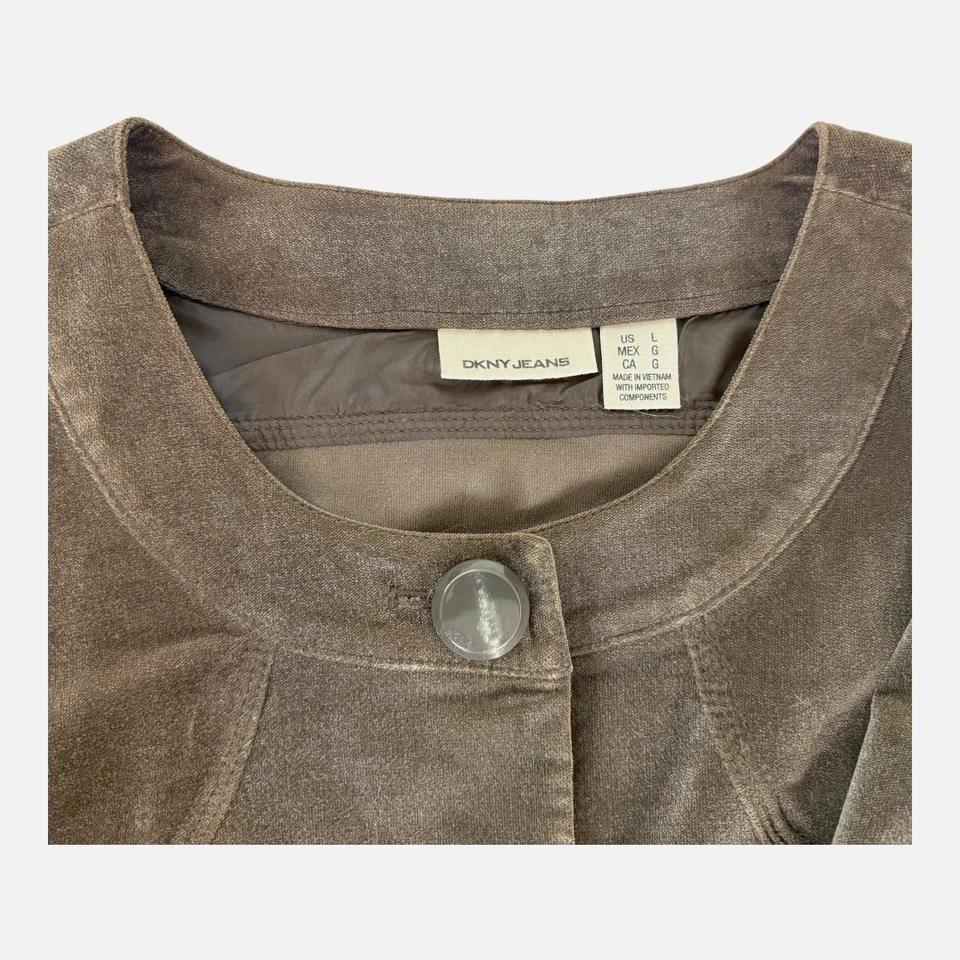 DKNY Jeans Retro Marrón Terciopelo Chaqueta Talla L Botón Frontal Abrigo Carrera Recorto Blazer Foto 3 de 4