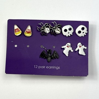 Halloween Earrings Post Four (4) Pair Skulls Ghosts Candy Corn Spiders Bat Kids