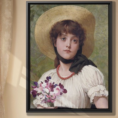 Portrait Oil Painting Young Girl Floral Bouquet Vintage Wall Art Canvas Decor