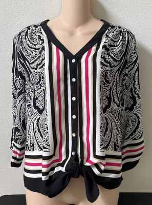 NWT Ruby Rd Multicolor 3/4 Sleeve Button Up Tie Blouse - Size P L