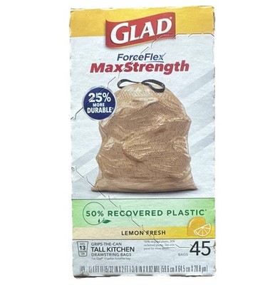 Glad ForceFlex MaxStrength Tall Kitchen Drawstring Trash Bags Lemon 13 gal 45 ct