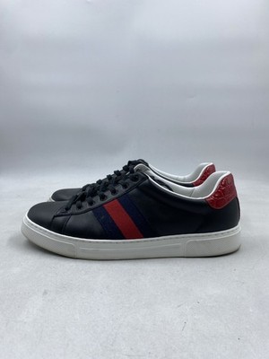 Gucci Ace Black Leather Blue Red Web Stripe Sneakers Men's Size 11