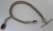 Antique solid sterling silver pocket watch albert chain bracelet & amber fob