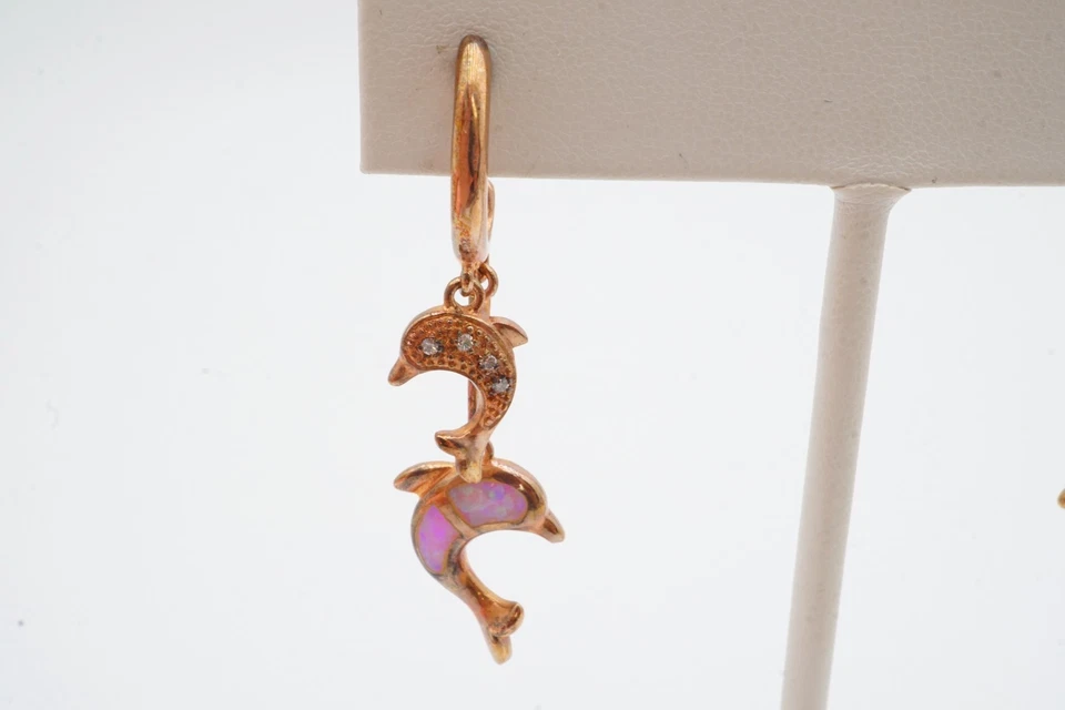 Pendientes de delfín ópalo simulado plata de ley 925 enchapados en oro rosa Foto 2 de 4