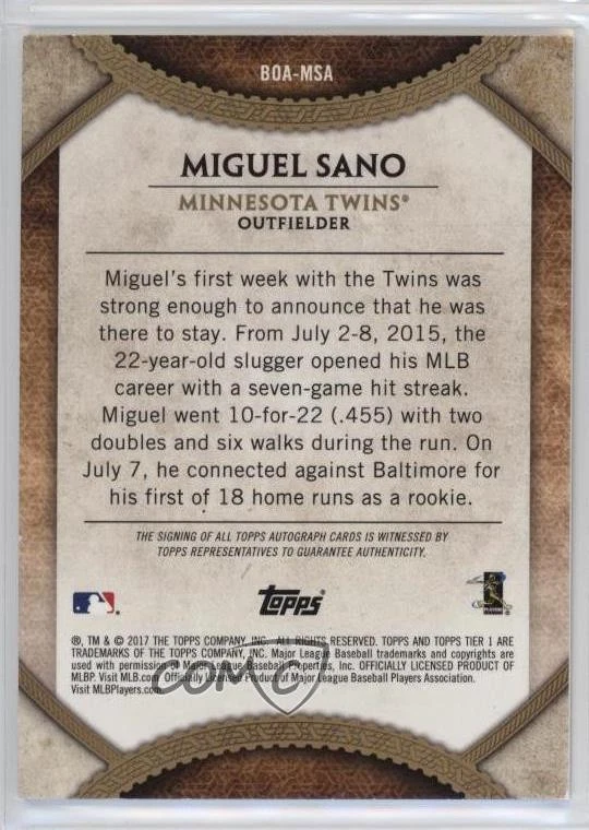 2017 Topps Tier One Break Out Auto Silver Ink /10 Miguel Sano #BOA-MSA Auto - Image 2 of 2
