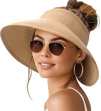 NPQQUAN Sun Visor Hats for Women Wide Brim Ponytail Straw Beach Hat Packable Fol
