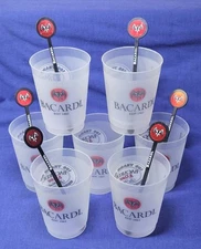 7  BACARDI 8 oz. Plastic Cups & 6 Bacardi Bat 6" Swizzle Sticks