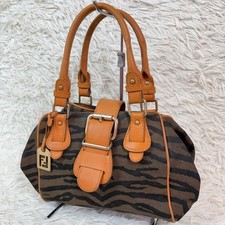 Rare FENDI Zebra Canvas Calf Leather Handbag Dark Brown 32cm Vintage Used Bag