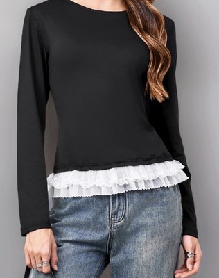 Damen Langarm Y2K Jersey Top Spitzenbesatz tailliert Crop